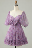 Purple A-Line Tulle Short Homecoming Dress With Puff Sleeves