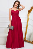 Burgundy A Line Spaghetti Straps Long Formal Party Dress with Slit