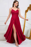 Burgundy A Line Spaghetti Straps Long Formal Party Dress with Slit