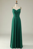 Dark Green A Line Spaghetti Straps Wedding Party Dress with Slit