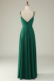 Dark Green A Line Spaghetti Straps Wedding Party Dress with Slit