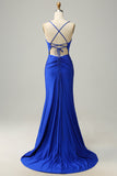 Royal Blue Mermaid Spaghetti Straps Long Prom Dress with Beading
