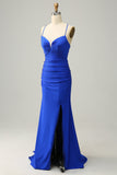 Royal Blue Mermaid Spaghetti Straps Long Prom Dress with Beading