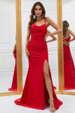 Red Mermaid Spaghetti Straps Long Prom Dress with Criss Cross Back