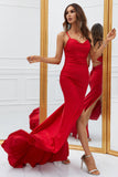 Red Mermaid Spaghetti Straps Long Prom Dress with Criss Cross Back