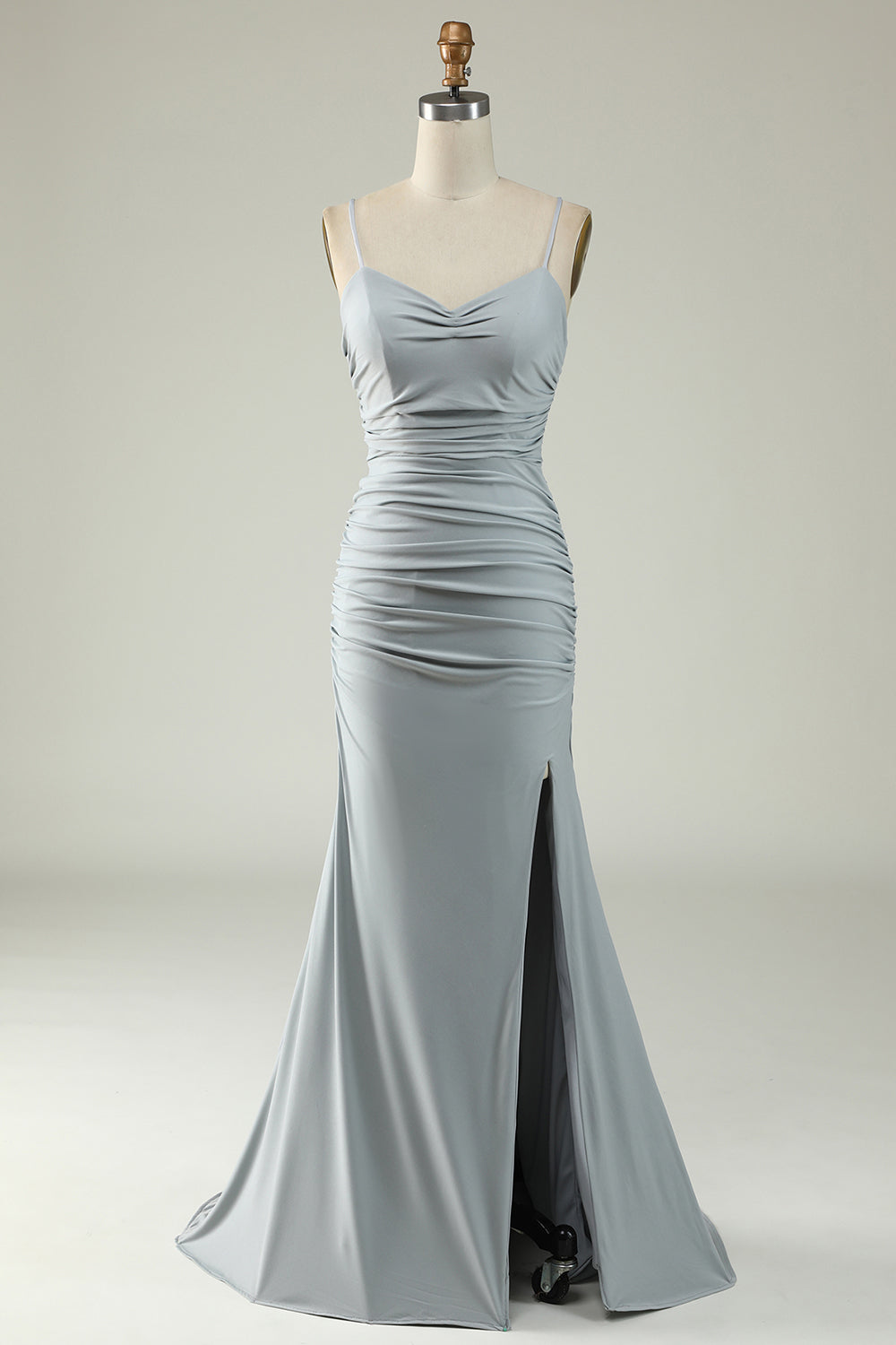 Grey Mermaid Spaghetti Straps Long Prom Dress with Criss Cross Back