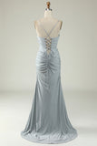 Grey Mermaid Spaghetti Straps Long Prom Dress with Criss Cross Back