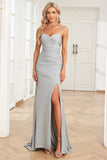 Grey Mermaid Spaghetti Straps Long Prom Dress with Criss Cross Back