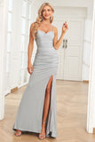 Grey Mermaid Spaghetti Straps Long Prom Dress with Criss Cross Back