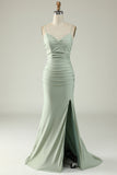 Grey Mermaid Spaghetti Straps Long Prom Dress with Criss Cross Back