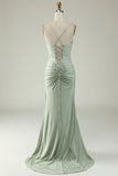 Grey Mermaid Spaghetti Straps Long Prom Dress with Criss Cross Back