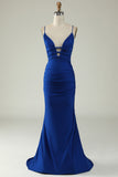 Royal Blue Mermaid Spaghetti Straps Plus Size Prom Dress with Criss Cross Back