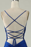 Royal Blue Mermaid Spaghetti Straps Plus Size Prom Dress with Criss Cross Back