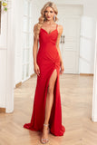 Navy Mermaid Spaghetti Straps Long Prom Dress with Split Front