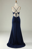 Navy Mermaid Spaghetti Straps Prom Dress with Split Front