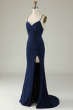 Navy Mermaid Spaghetti Straps Long Prom Dress with Split Front