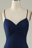 Navy Mermaid Spaghetti Straps Prom Dress with Split Front