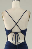 Navy Mermaid Spaghetti Straps Long Prom Dress with Split Front