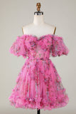 Fuchsia A Line Off the Shoulder Floral Tulle Short Homecoming Dress with Short Sleeves