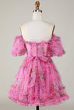 Fuchsia A Line Off the Shoulder Floral Tulle Short Homecoming Dress with Short Sleeves