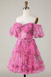 Fuchsia A Line Off the Shoulder Floral Tulle Short Homecoming Dress with Short Sleeves