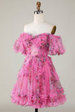 Gorgeous Fuchsia A Line Off the Shoulder Tulle Short Homecoming Dress with Short Sleeves