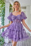Gorgeous Fuchsia A Line Off the Shoulder Tulle Short Homecoming Dress with Short Sleeves