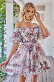 Gorgeous Fuchsia A Line Off the Shoulder Tulle Short Homecoming Dress with Short Sleeves