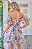 Gorgeous Fuchsia A Line Off the Shoulder Tulle Short Homecoming Dress with Short Sleeves