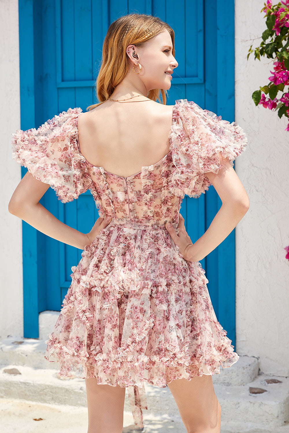 Gorgeous Fuchsia A Line Off the Shoulder Tulle Short Homecoming Dress with Short Sleeves