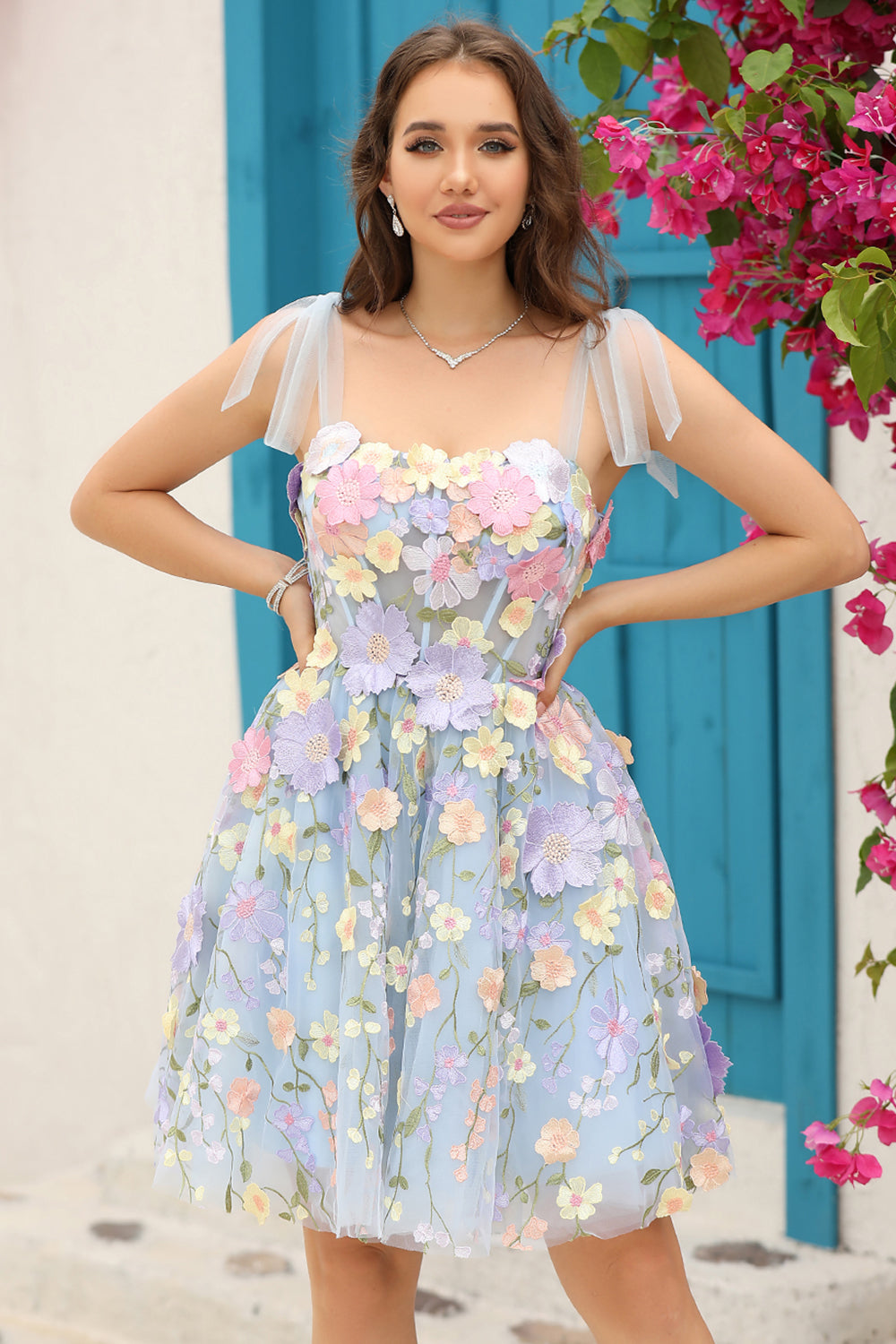Wedtrend Women Purple Corset A-Line Short Homecoming Dress with 3D Flowers Spaghetti Straps Party Dress, Blue / US26W