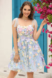 Blue A Line Spaghetti Straps Corset Homecoming Dress with 3D Flowers