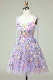 Purple A Line Spaghetti Straps Corset Homecoming Dress with 3D Flowers