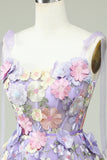 Purple A Line Spaghetti Straps Corset Homecoming Dress with 3D Flowers