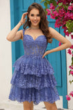 Princess A Line Corset Tiered Purple Short Homecoming Dress with Lace