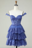 Cute A Line Corset Tiered Short Dark Blue Homecoming Dress with Lace