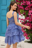 Princess A Line Corset Tiered Purple Short Homecoming Dress with Lace