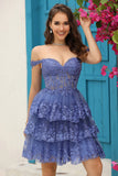 Princess A Line Corset Tiered Purple Short Homecoming Dress with Lace