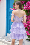 A Line Off the Shoulder Purple Corset Short Homecoming Dress with Lace