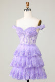 Princess A Line Corset Tiered Purple Short Homecoming Dress with Lace