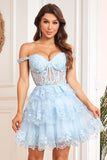 A Line Off the Shoulder Purple Corset Short Homecoming Dress with Lace
