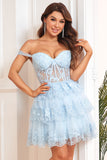 A Line Off the Shoulder Purple Corset Short Homecoming Dress with Lace