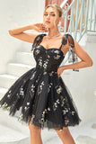 Black A Line Spaghetti Straps Short Homecoming Dress with Appliques