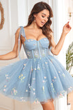 Grey Blue A Line Spaghetti Straps Short Homecoming Dress with Embroidery