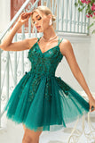 Dark Green A Line Spaghetti Straps Short Homecoming Dress with Appliques Beading
