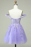 Lilac A Line Off the Shoulder Corset Short Homecoming Dress with Appliques