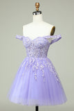 Lilac A Line Off the Shoulder Corset Short Homecoming Dress with Appliques