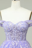 Lilac A Line Off the Shoulder Corset Short Homecoming Dress with Appliques