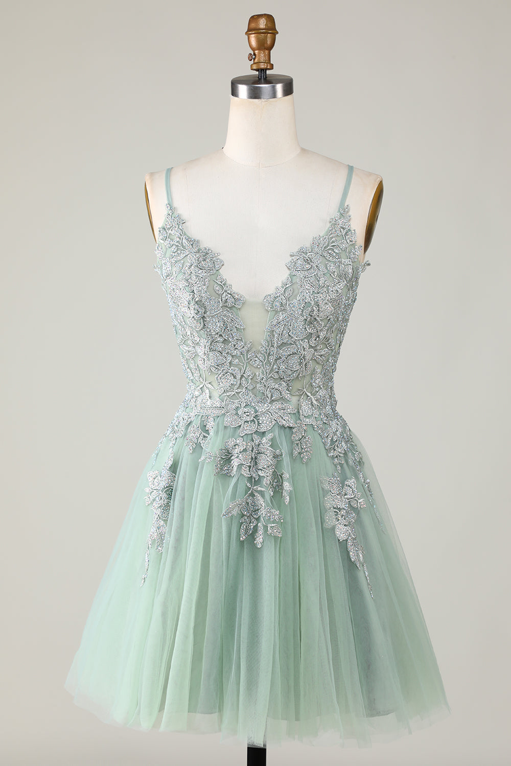 Stylish Green A Line Spaghetti Straps Short Homecoming Dress with Appliques