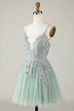 Stylish Green A Line Spaghetti Straps Short Homecoming Dress with Appliques
